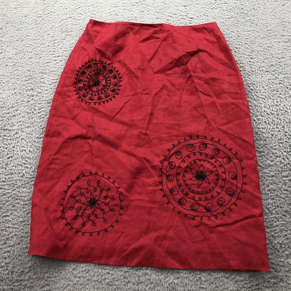Vintage Ann Taylor Skirt Womens 6 Red Linen Embroidered A Line Knee Length Boho
